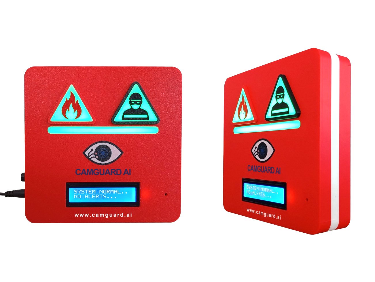 CamGuard AI guardhouse alarm device with fire and intruder indicators, siren and LCD screen